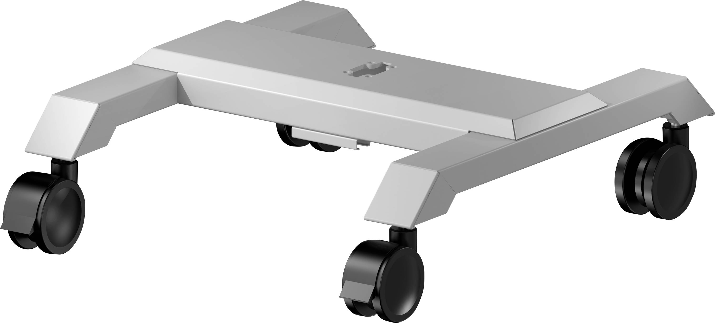 Chariot pour PC au design argenté avec quatre roulettes et largeur réglable pour un positionnement flexible d'un boîtier d'ordinateur.