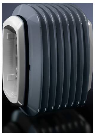 Objet de design gris texturé avec une surface brillante et des détails blancs, sur un fond noir.