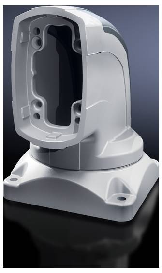 Un boîtier en plastique gris robuste, avec une ouverture ovale et quatre points de fixation, sur un fond sombre.