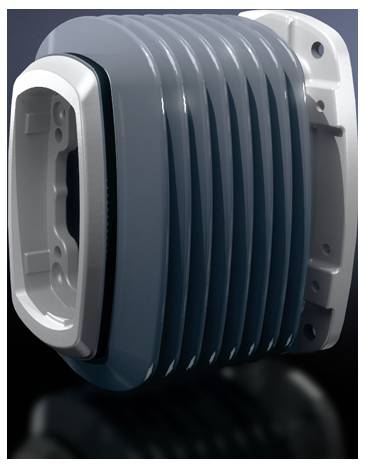 Boîtier en plastique gris nervuré d'un appareil électronique aux angles arrondis, présenté sur un fond noir.