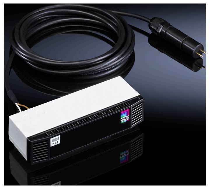 Capteur de câble noir avec boîtier rectangulaire blanc. Logo de marque et quatre fils de connexion jaunes visibles. Utilisé pour les connexions électriques.