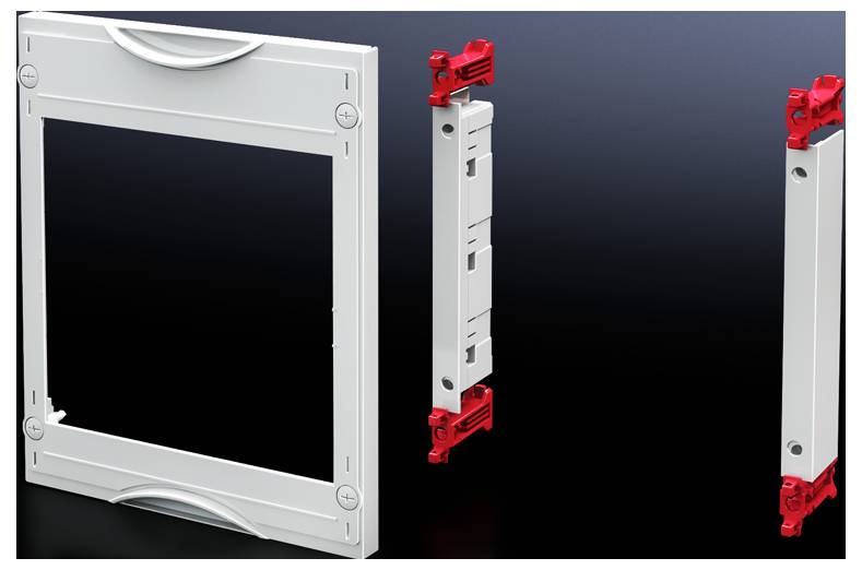 Système de cadre et de support pour appareils électriques, composé d'un cadre rectangulaire blanc et de supports rouges.