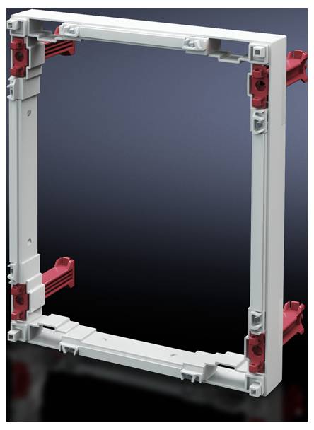 Un cadre en plastique blanc rectangulaire, avec des fixations rouges aux coins, présenté sur un fond sombre.