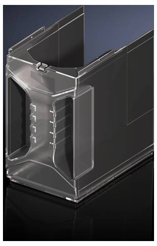 Boîte en plastique transparent de forme rectangulaire, avec un couvercle ouvert et des nervures de renfort, présentée sur un fond noir.