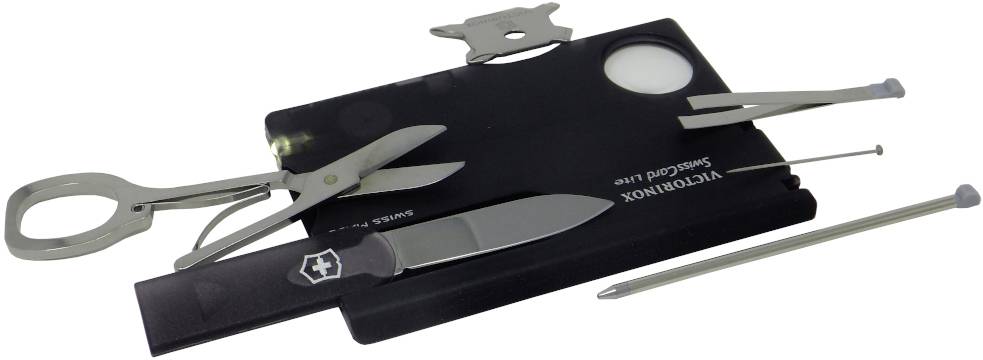 Coffret d'outils de poche comprenant un couteau, des ciseaux, une pince et d'autres accessoires, présenté dans un étui noir. Compact et polyvalent.