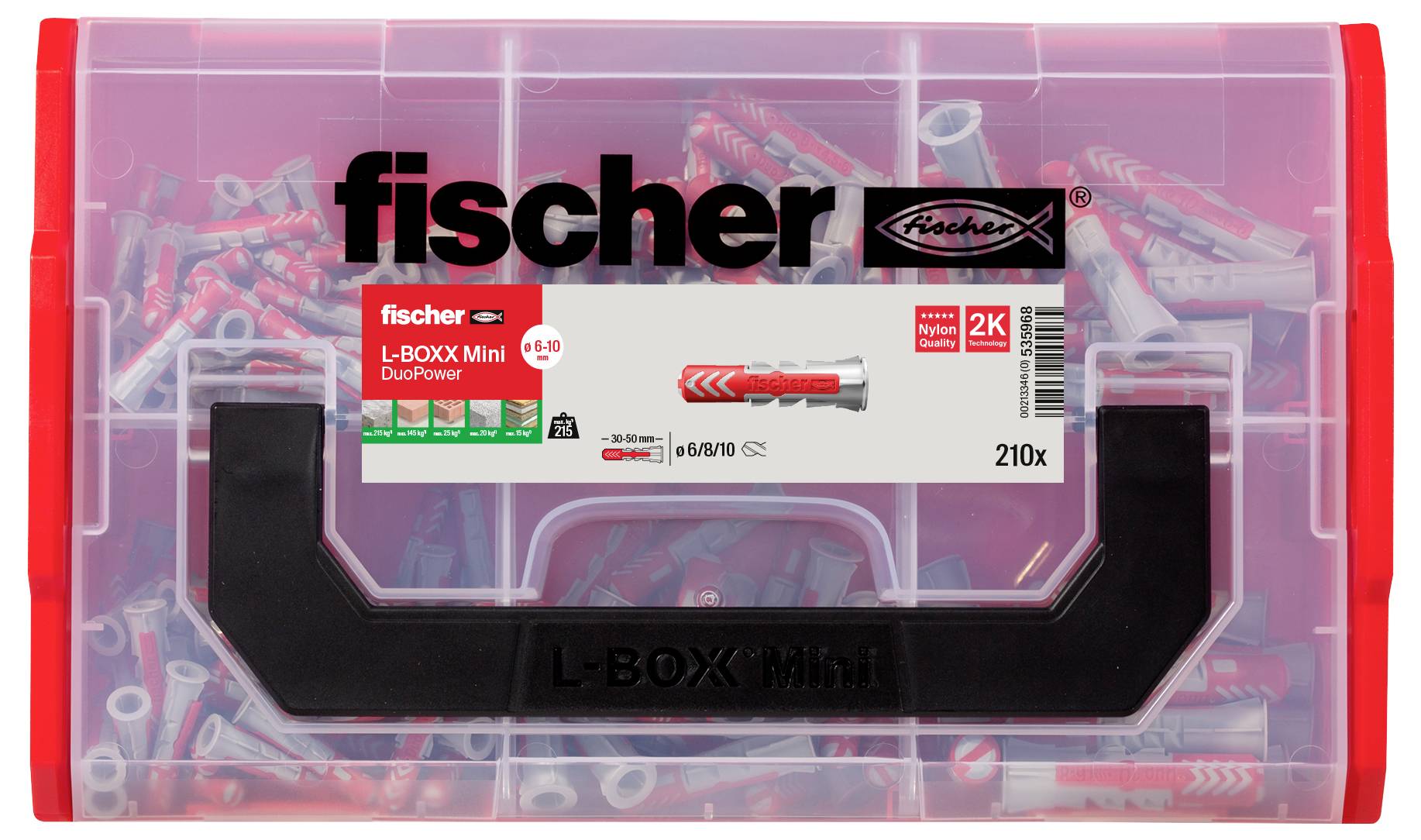 La boîte à outils transparente contient 210 chevilles grises et rouges de Fischer, modèle 'L-BOXX Mini DuoPower', adaptées à de multiples applications.