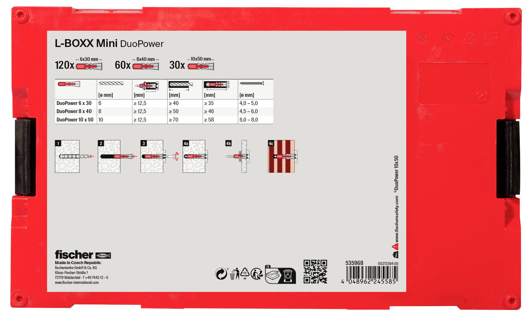 Boîte Fischer L-BOXX Mini DuoPower contenant 120 chevilles 6x30 mm, 60 chevilles 8x40 mm, 30 chevilles 10x50 mm. Applications et matériaux illustrés.