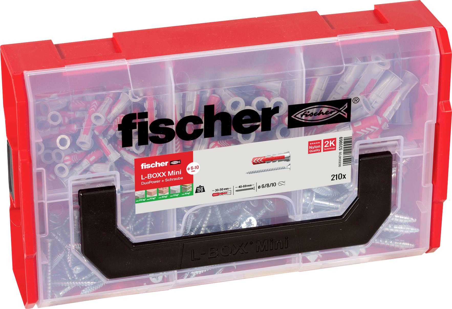 La boîte à outils transparente 'fischer L-BOXX Mini' contient 210 pièces de vis et de chevilles, adaptées à différents types de fixations.