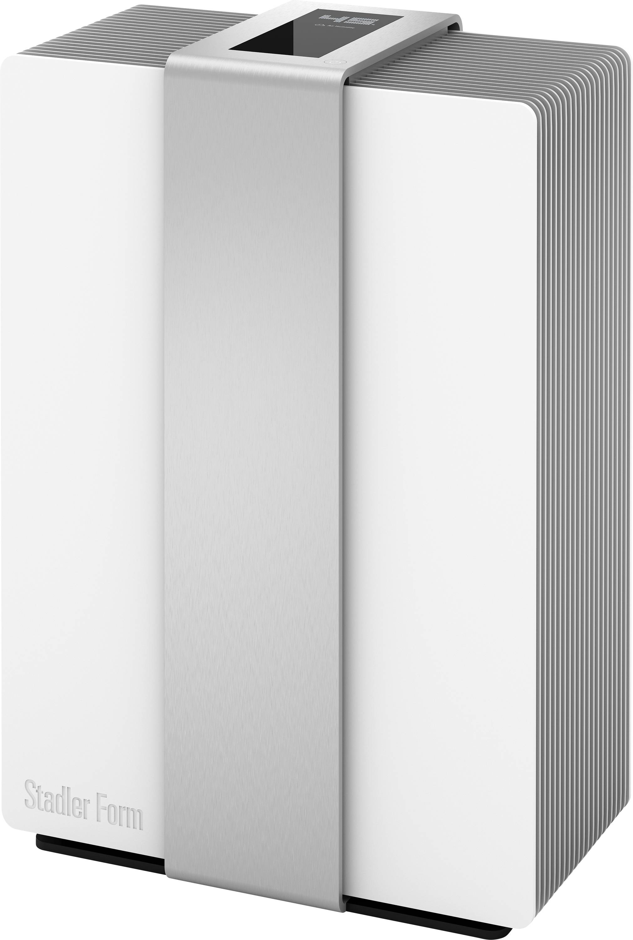 Un humidificateur blanc au design moderne avec un affichage numérique sur le dessus. Le nom de la marque 'Stadler Form' est visible sur la façade avant.