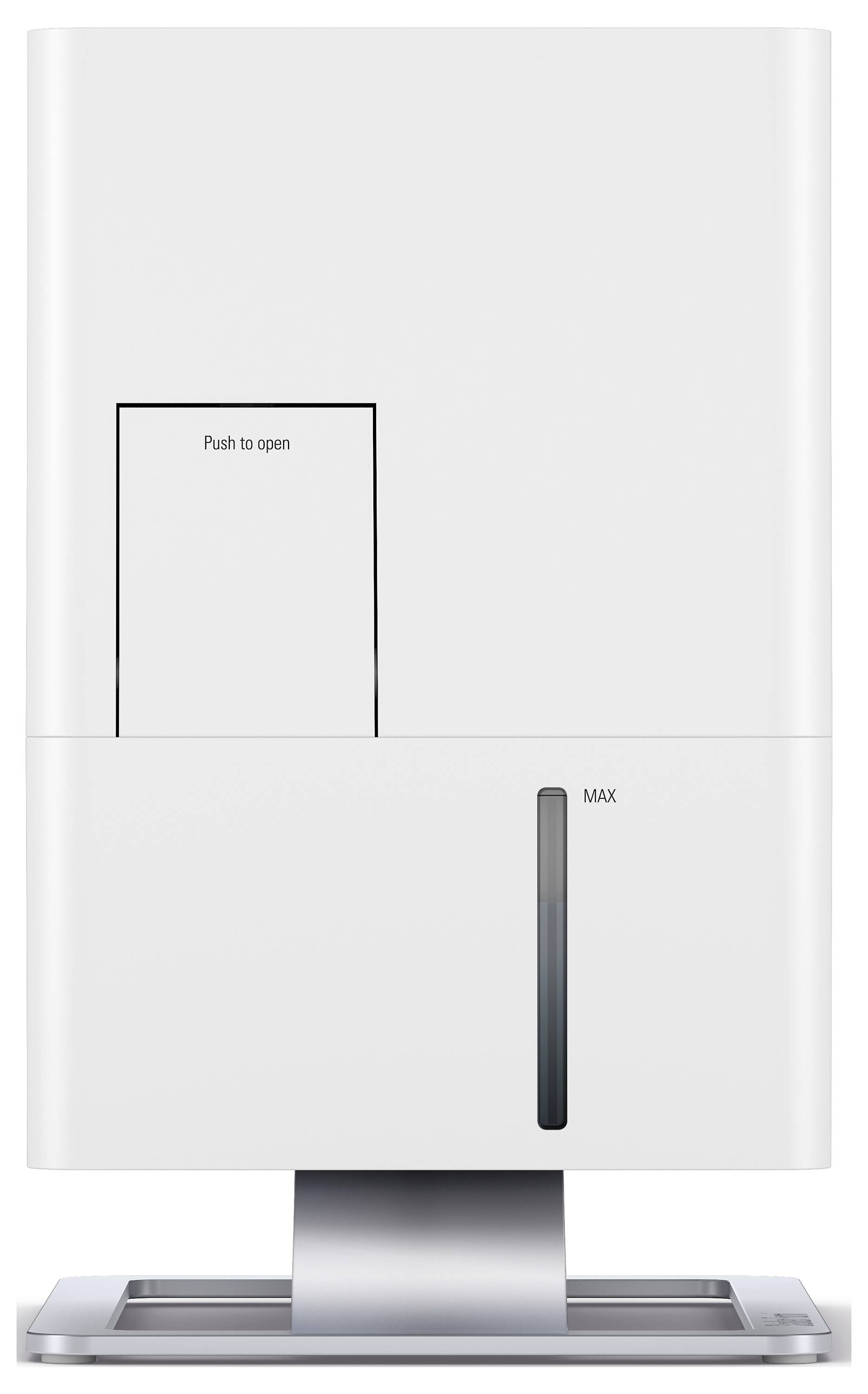 Humidificateur blanc avec affichage numérique et fenêtre transparente pour le niveau d'eau, installé sur un support métallique.