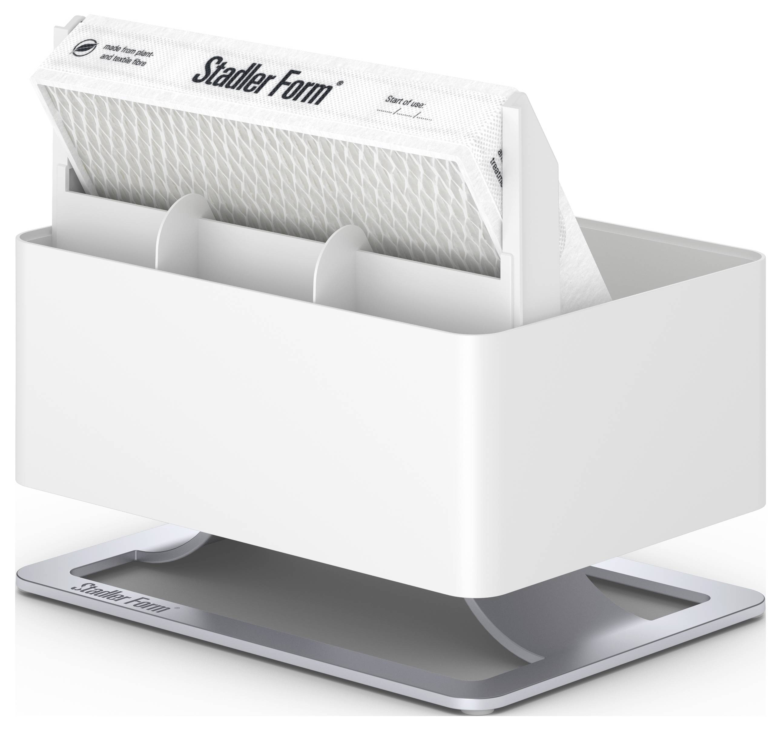 Humidificateur d'air blanc avec filtre intégré, de forme rectangulaire, reposant sur une base argentée.