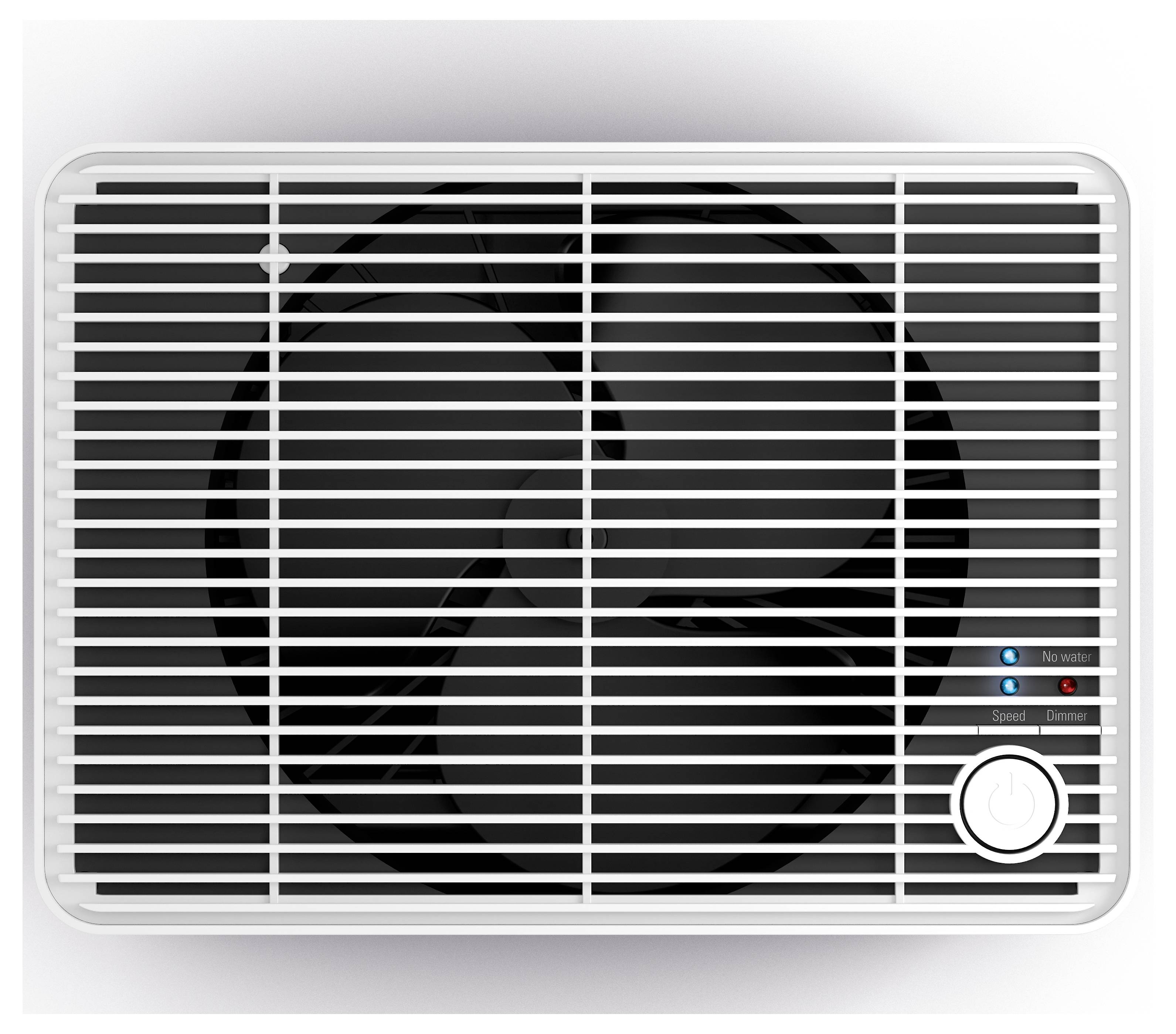 Un ventilateur carré aux barres de grille blanches, avec trois lumières bleues et un grand bouton rond de réglage de vitesse.