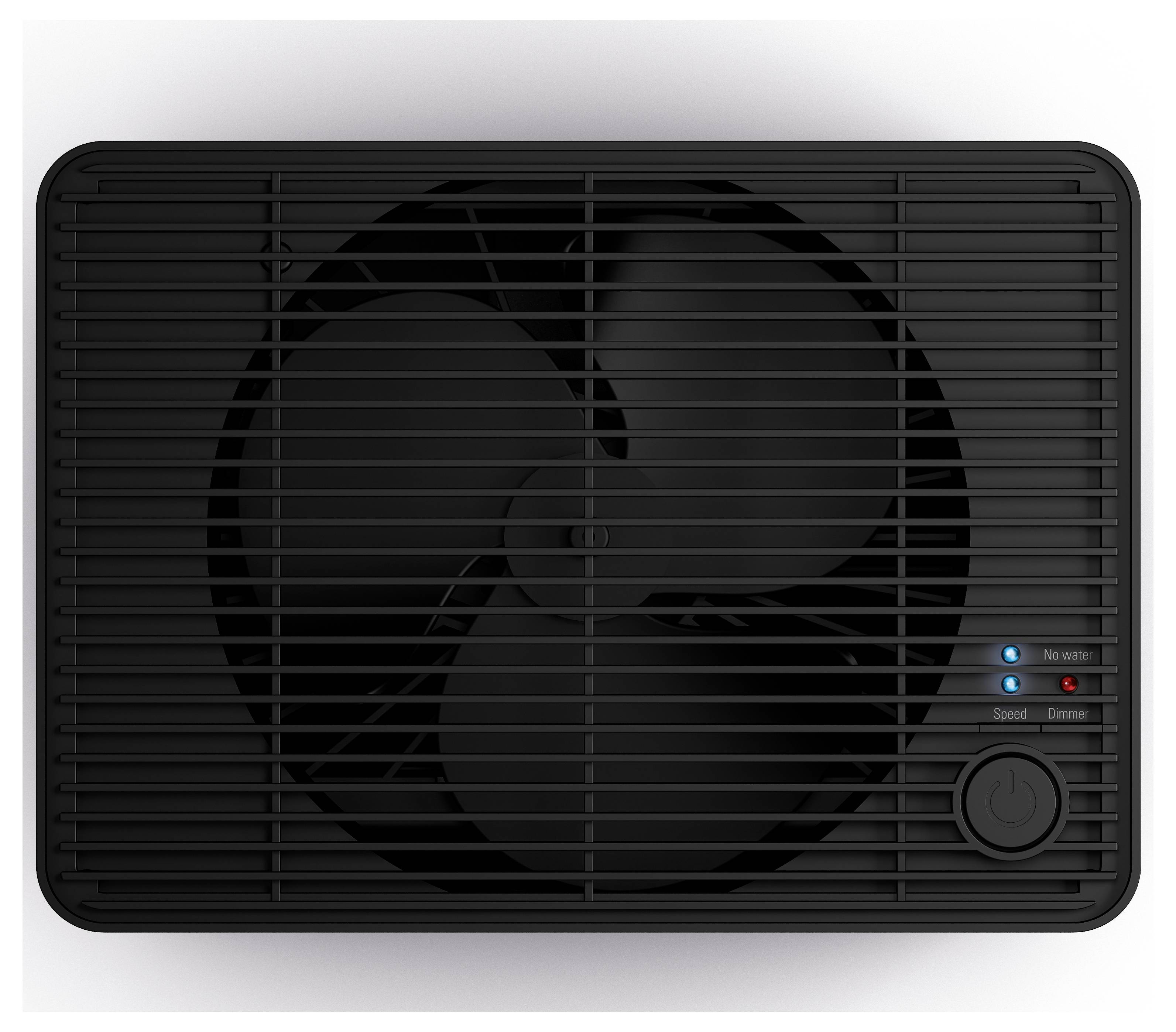 Un ventilateur noir rectangulaire en vue de dessus avec trois pales de rotor et des commandes de vitesse et de minuterie.