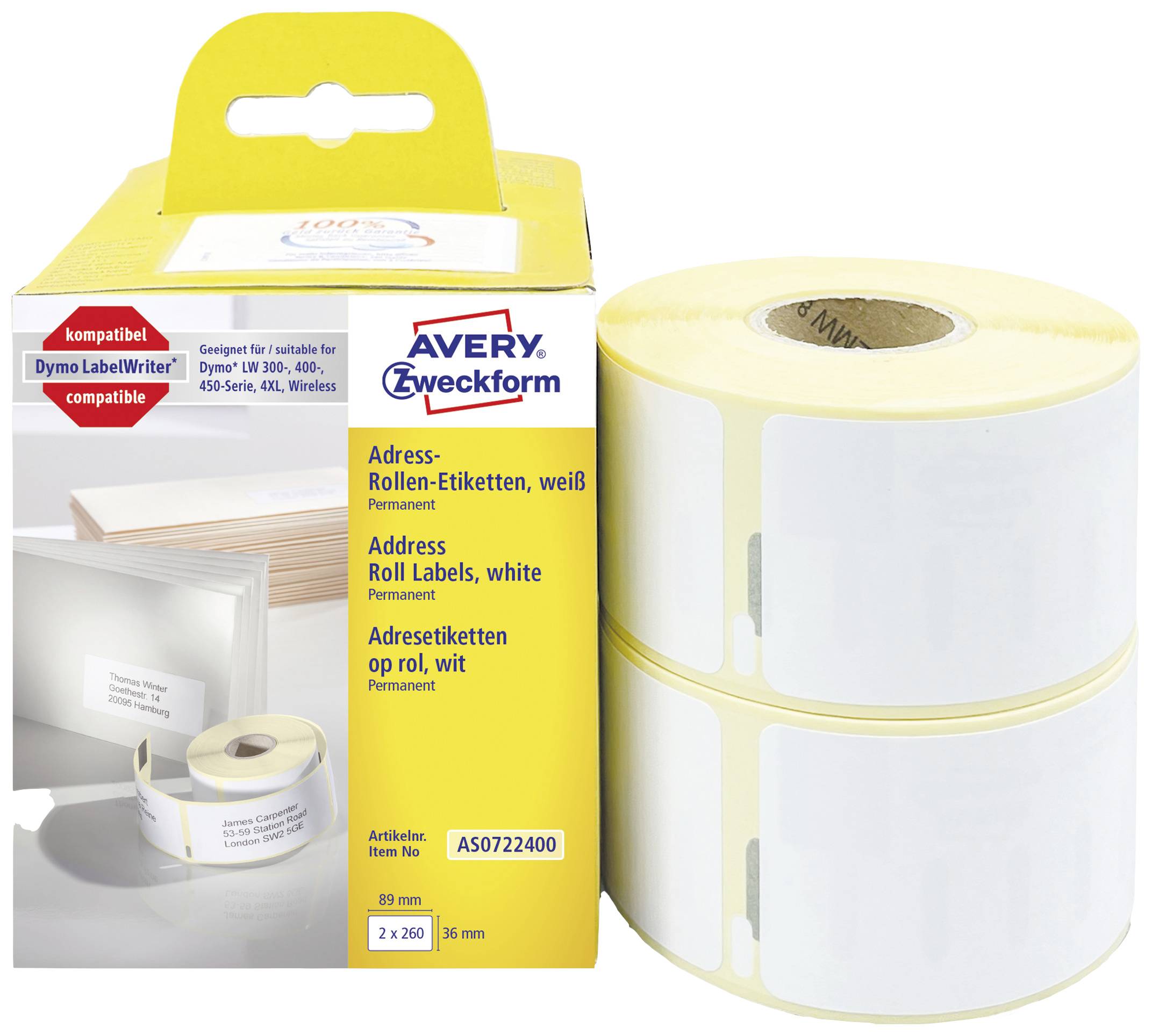 Avery-Zweckform Rouleau d'étiquettes compatible remplace DYMO, Seiko 99012, S0722400 89 x 36 mm papier blanc 520 pc(s) fixation