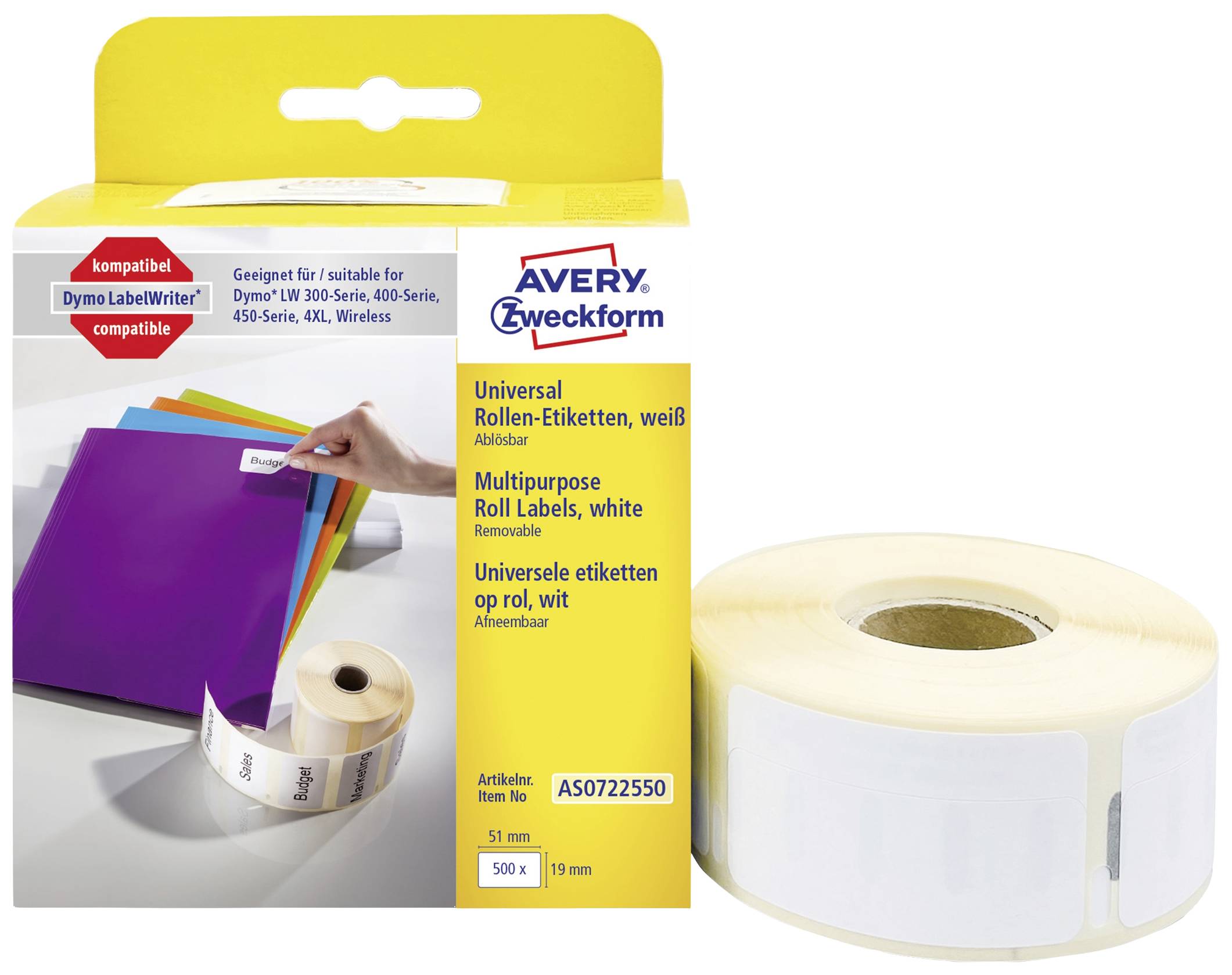 Avery-Zweckform Rouleau d'étiquettes compatible remplace DYMO 11355, S0722550 19 x 51 mm papier blanc 500 pc(s) décollable