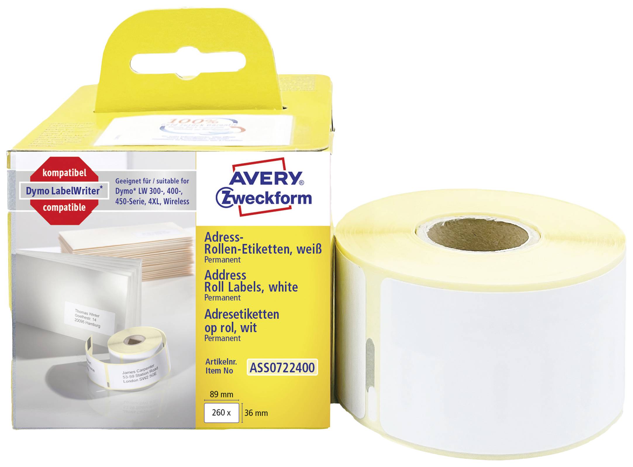 Avery-Zweckform Rouleau d'étiquettes compatible remplace DYMO, Seiko 99012, S0722400 89 x 36 mm papier blanc 260 pc(s) fixation