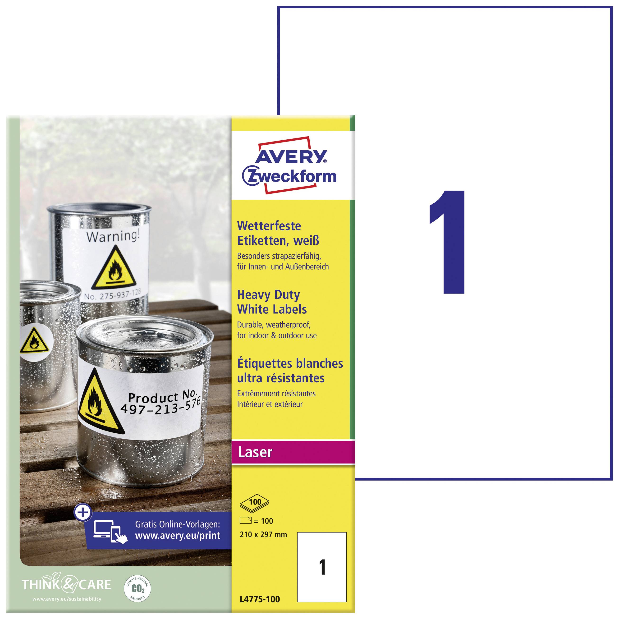 Emballage d'étiquettes 'Avery Zweckform' avec des symboles de danger sur des boîtes. Étiquetage 'Étiquettes blanches robustes'. Convient pour les imprimantes laser.