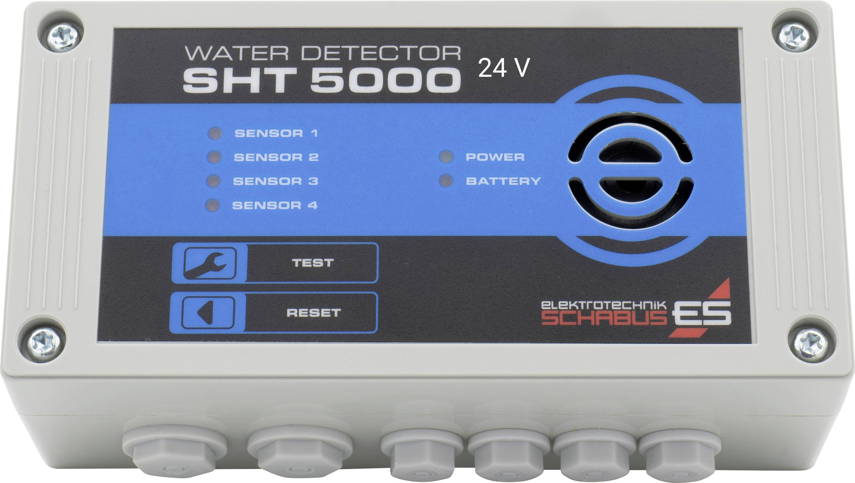 Détecteur de fuite d'eau 'SHT 5000' avec connexion 24V. Quatre LED de capteur, voyants d'alimentation et de batterie. Deux touches : 'Test' et 'Reset'.
