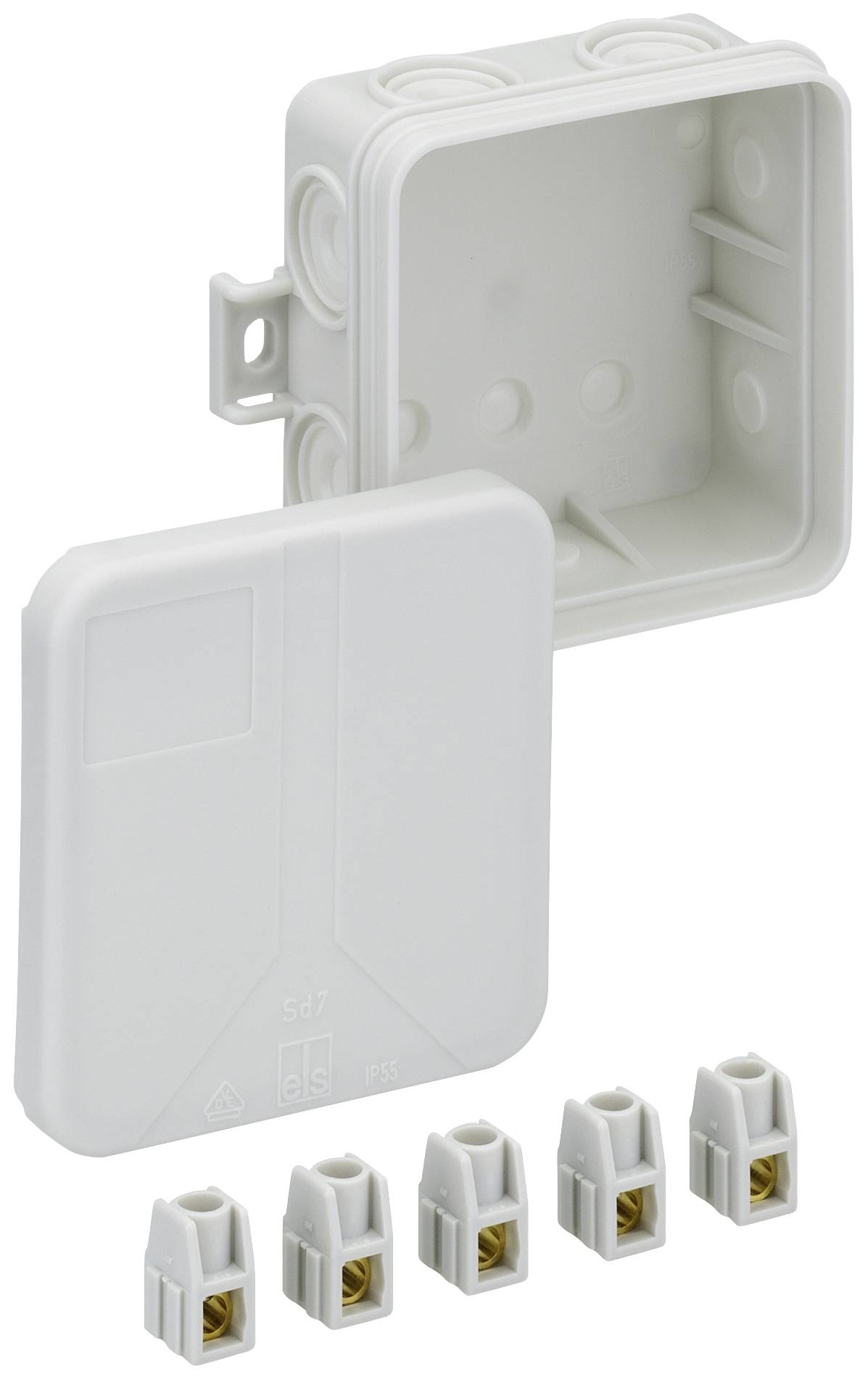 Boîte de dérivation en plastique blanc avec couvercle amovible et cinq bornes. Adaptée pour les installations électriques, présente le boîtier et ses accessoires.