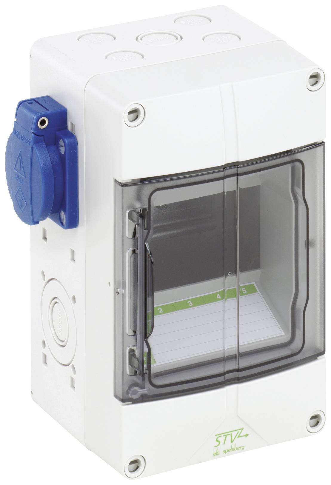 Boîtier électrique blanc avec connexion de prise bleue et porte transparente. À l'intérieur, un tableau descriptible est présent.