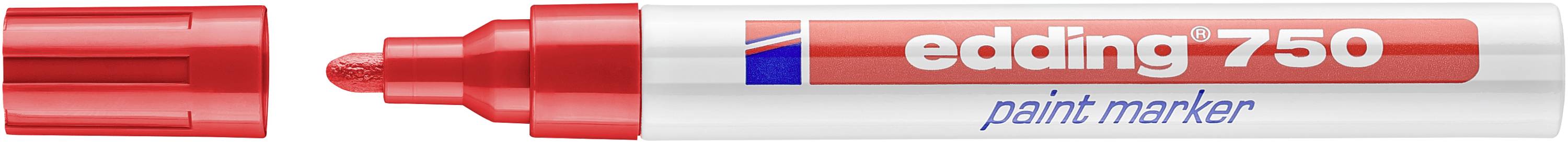 Roter Edding 750 Lackmarker mit Kappe neben dem Stift abgebildet, beschriftet mit „edding 750 paint marker".