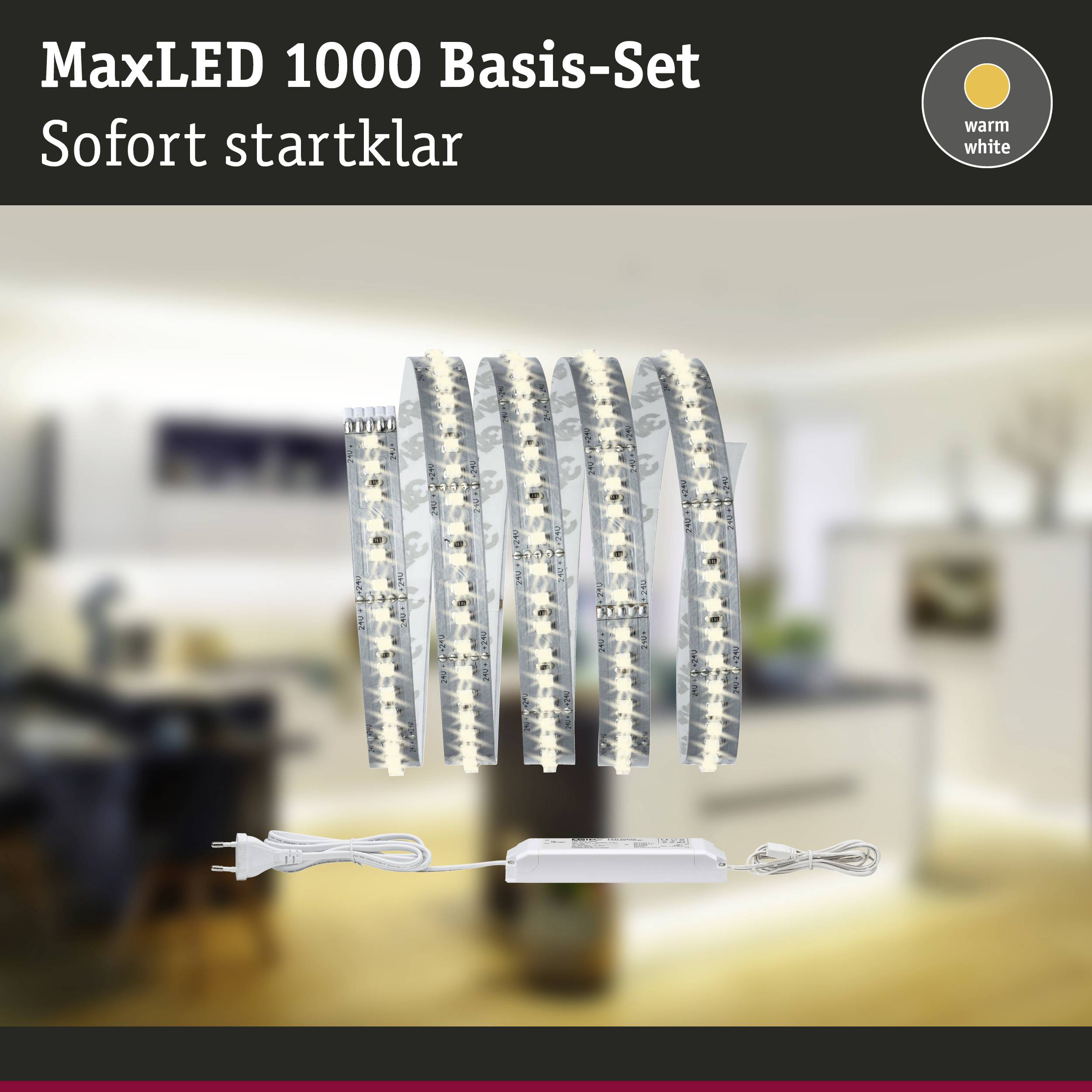 Ensemble de base MaxLED 1000, prêt à l'emploi immédiat, avec des bandes LED blanc chaud pour l'éclairage sur un arrière-plan d'espace moderne aux contours flous.