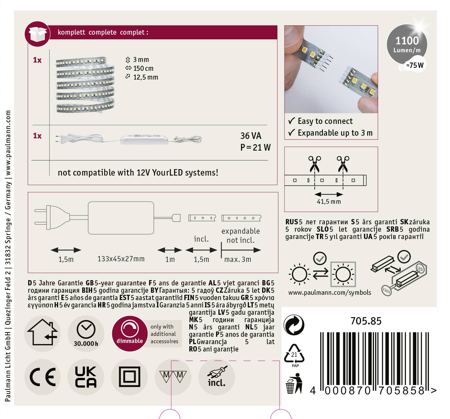 Kit avec bande LED, incluant transformateur, connecteurs et matériel de montage. Non compatible avec 12V. 1100 lumens, 75W.