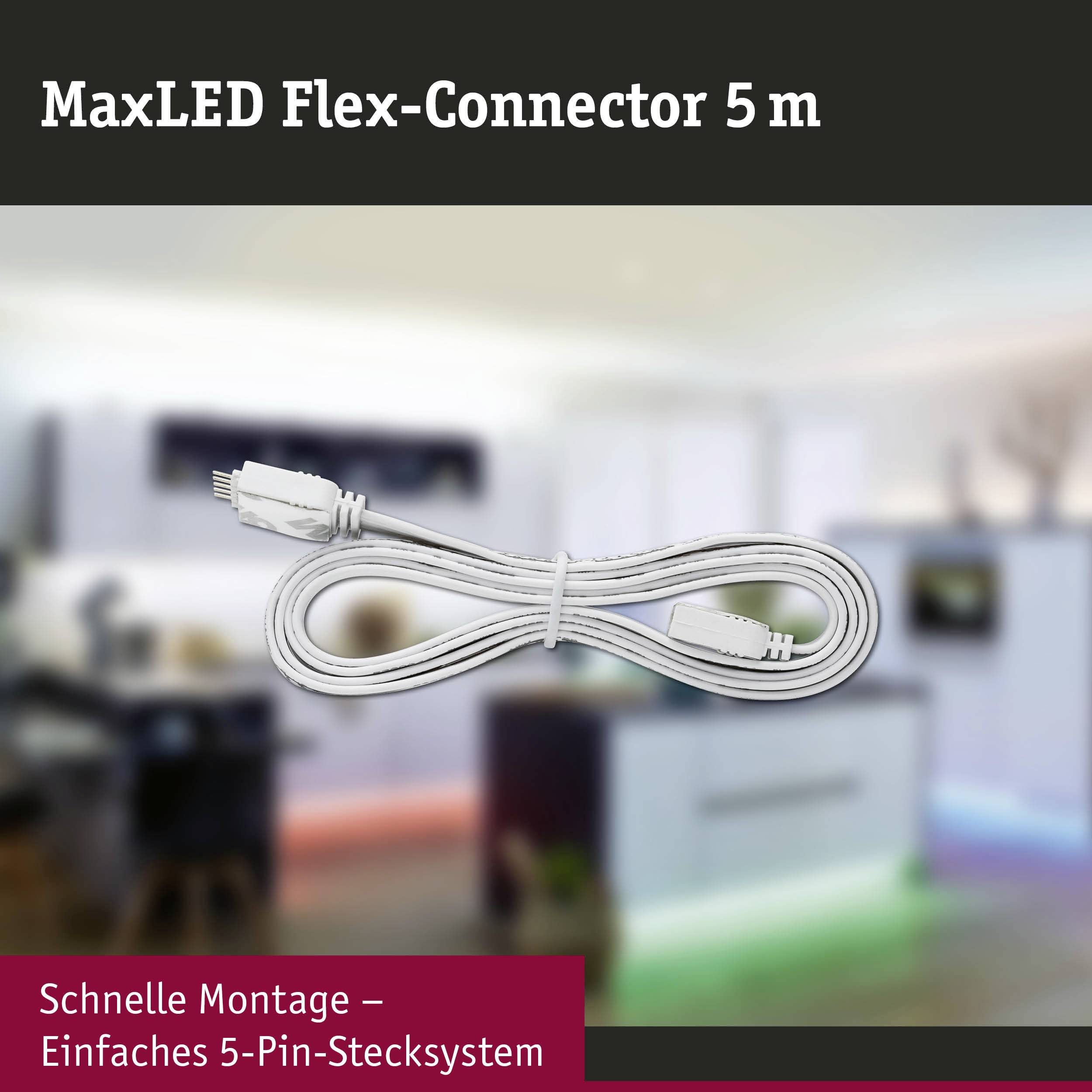 MaxLED Flex-Connecteur 5 m représenté devant un espace de vie flou. Texte en bas : 'Montage rapide – Système de connexion simple à 5 broches'.