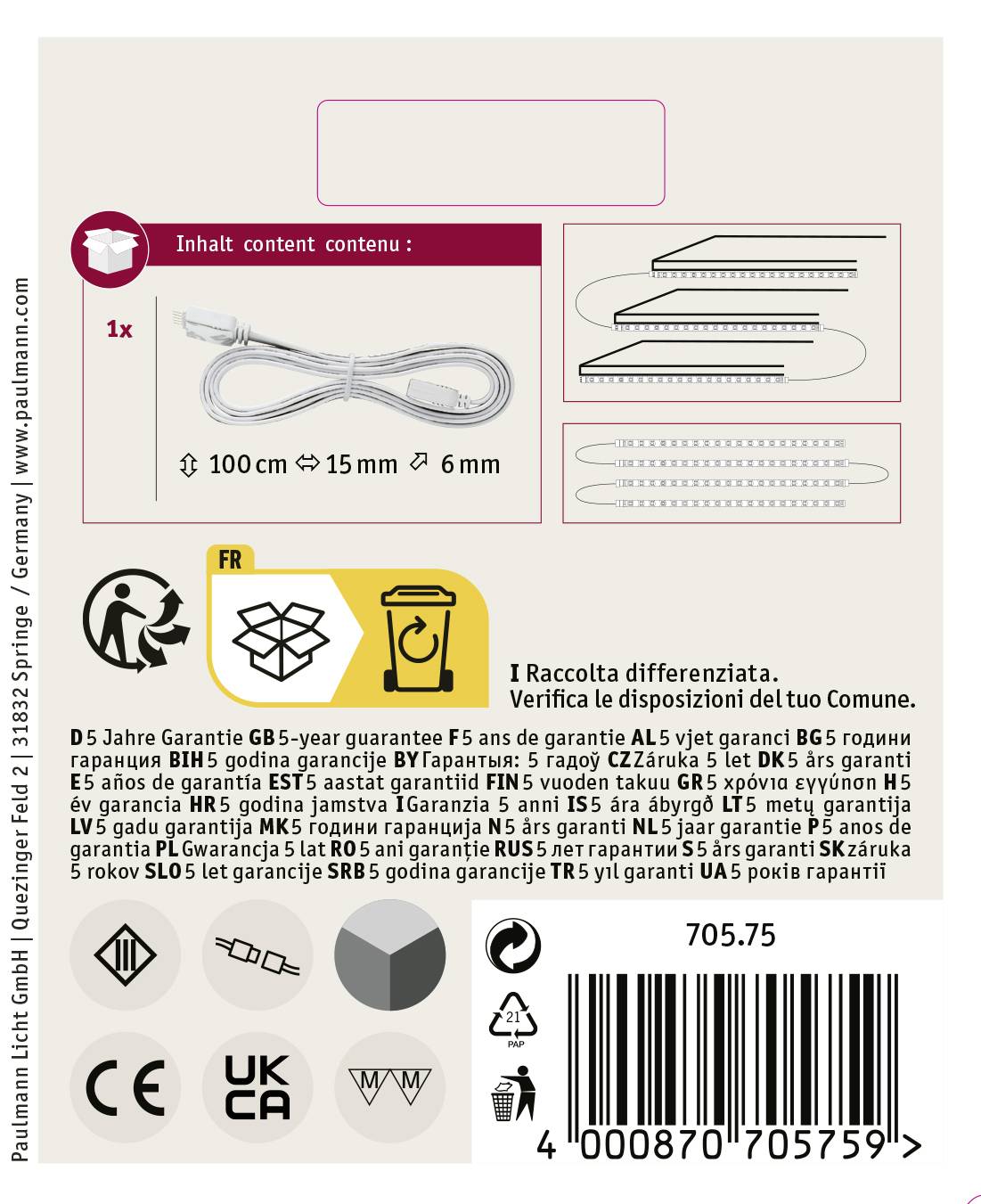 Verpackungsetikett für ein Produkt mit Kabel. Enthält Informationen zu Garantie, Recycling, Herstellerangaben und Sicherheitszertifikaten.