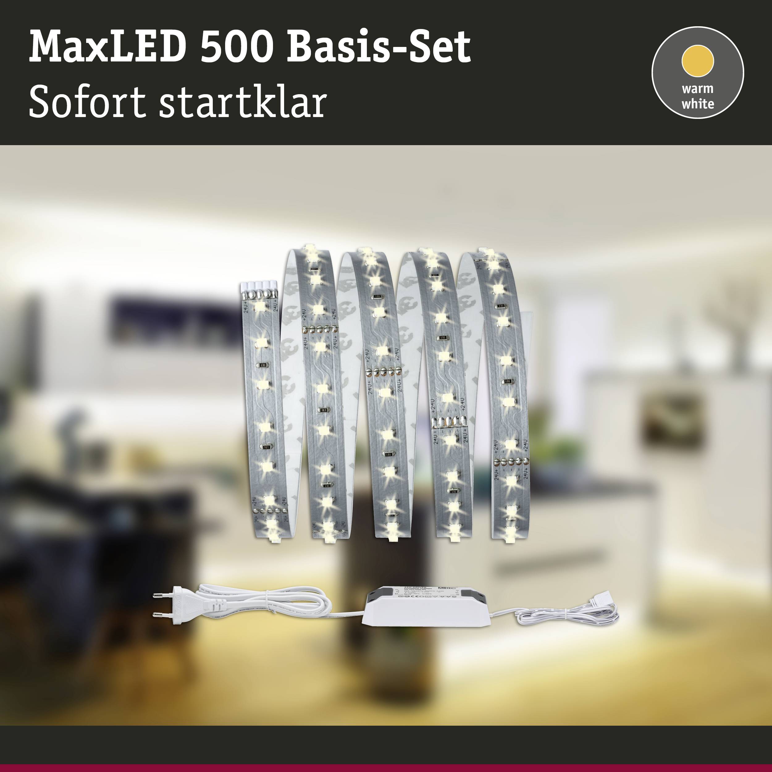 Kit de base MaxLED 500 avec bande LED et accessoires, idéal pour une utilisation immédiate dans les espaces de vie, produit une lumière blanc chaud.