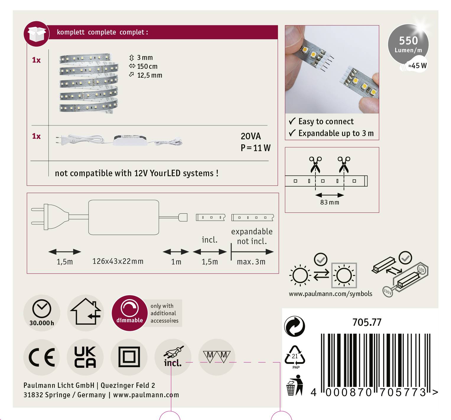 Dos de l'emballage avec un ensemble de bandes LED. Contient trois bandes de deux longueurs différentes, un manuel de montage, une note de compatibilité et des détails techniques.