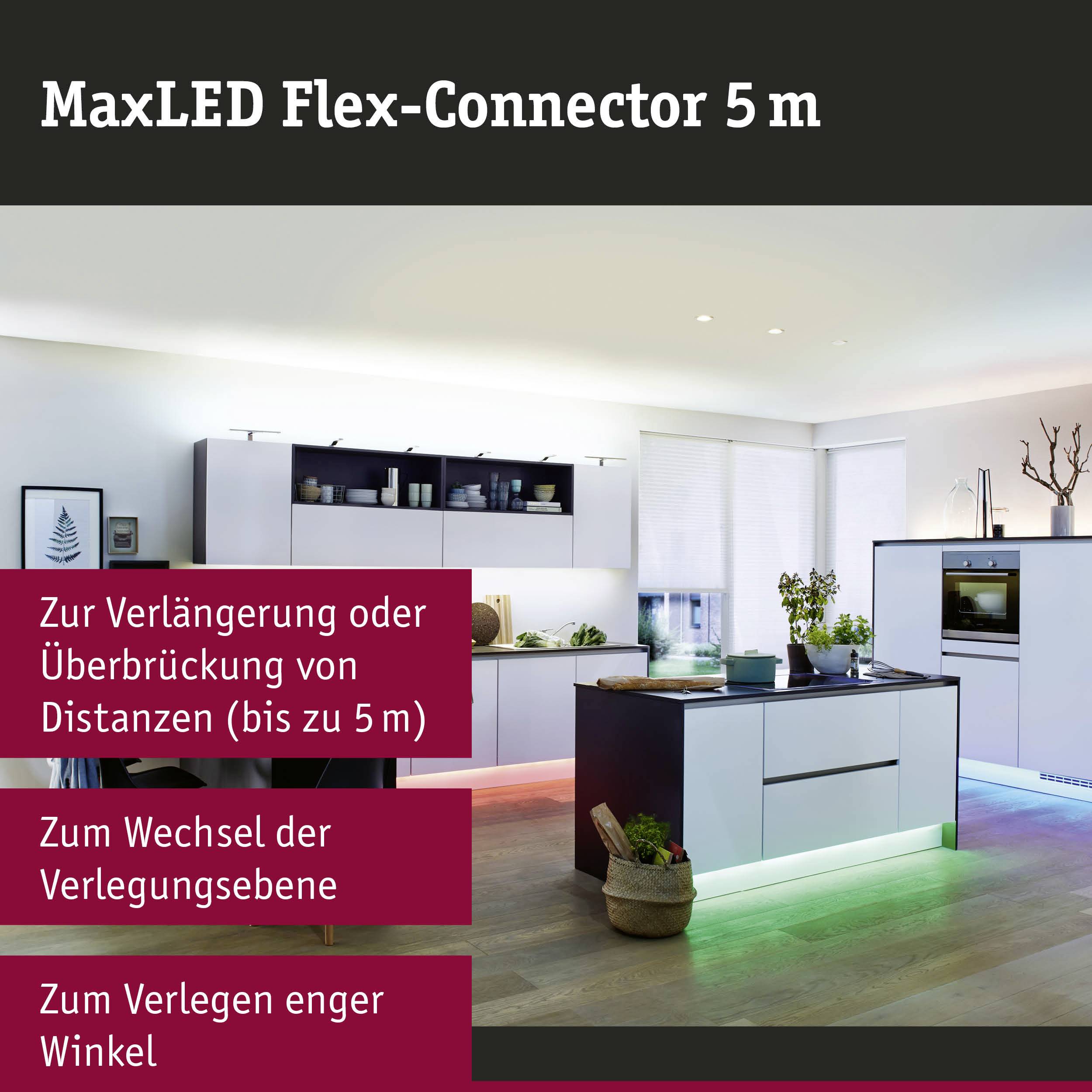Connecteur flexible MaxLED de 5 m dans un espace de cuisine moderne. Caractéristiques : franchissement jusqu'à 5 m, niveaux interchangeables, pose à angle étroit.