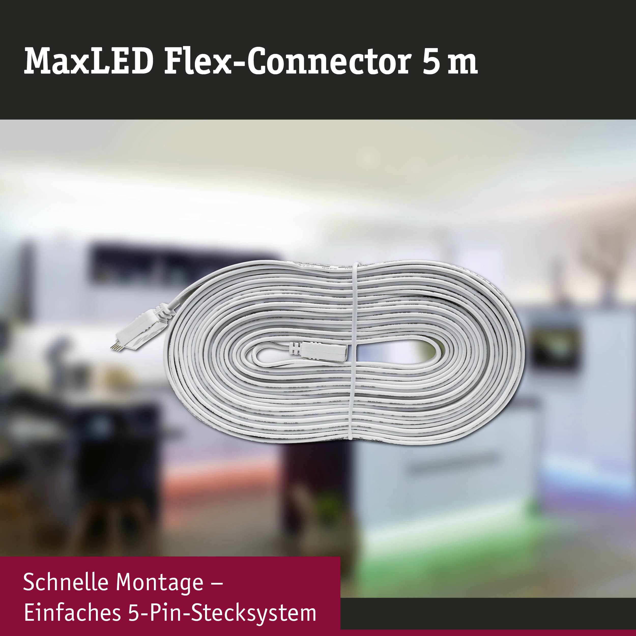 Câble Connecteur Flex MaxLED, 5 m. Enroulé sur une table, adapté pour un montage simple sur système de connexion à 5 broches.