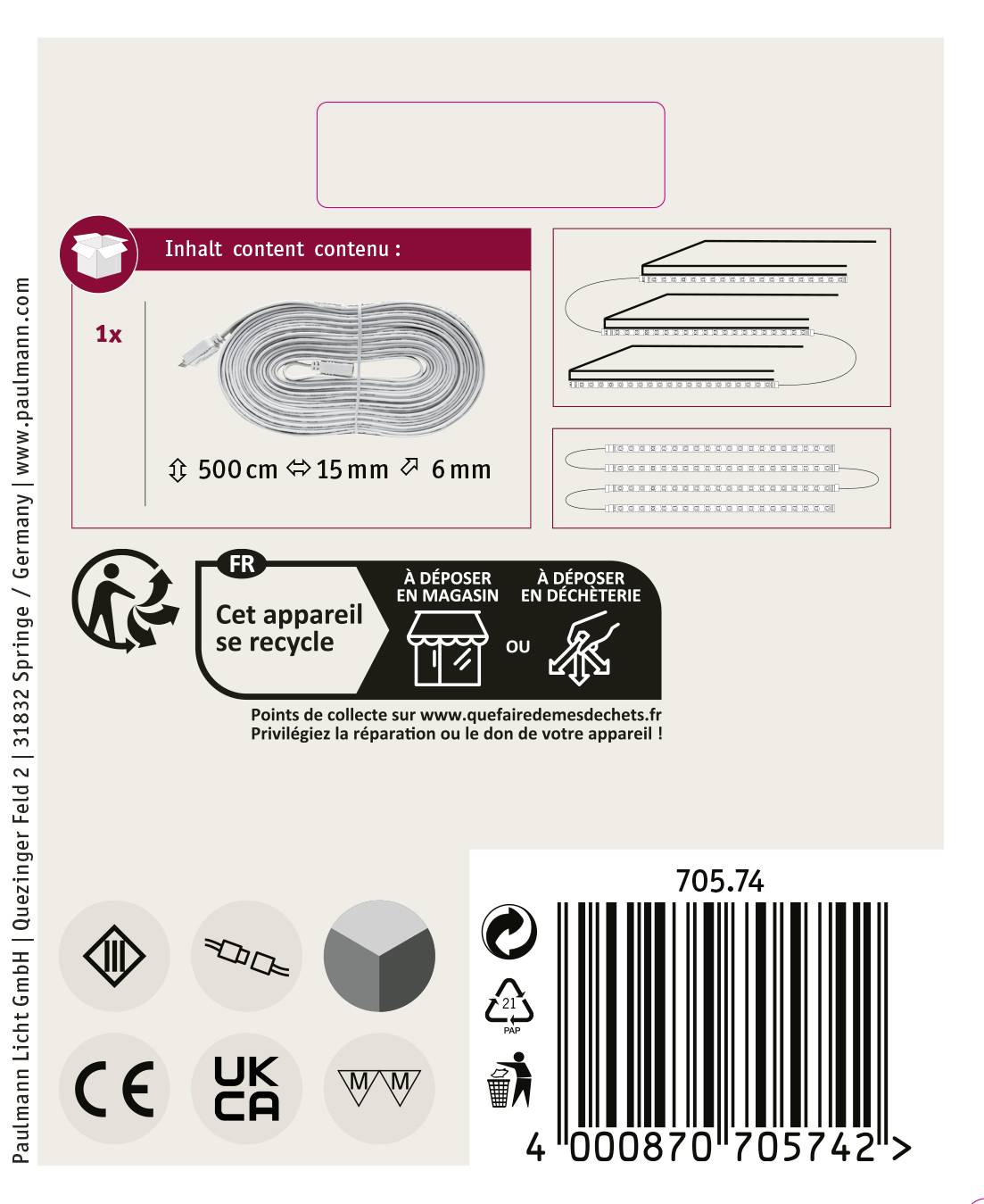 Impression sur l'emballage avec informations sur le produit : Tube lumineux LED, longueur 500 cm, diamètre 15 mm, hauteur 6 mm. Indication de recyclage.