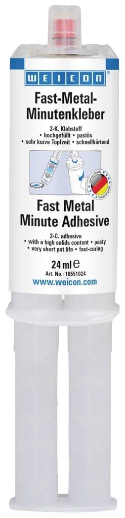 Seringue double chambre avec colle instantanée Weicon Fast-Metal, colle bi-composants, transparente, séchage rapide, contenance de 24 ml.