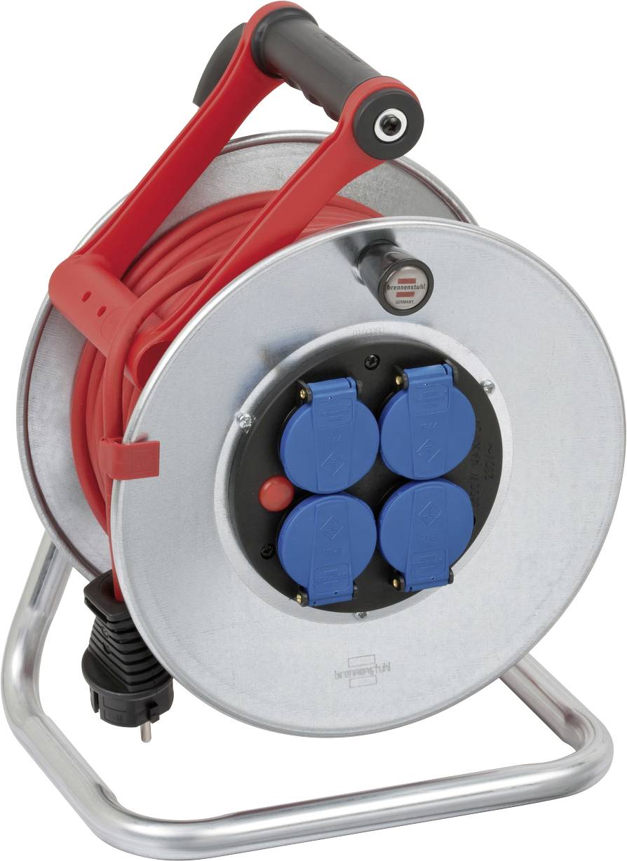 Enrouleur de câble métallique portable avec poignée rouge et quatre prises électriques bleues, conçu pour la distribution d'énergie des câbles d'extension.