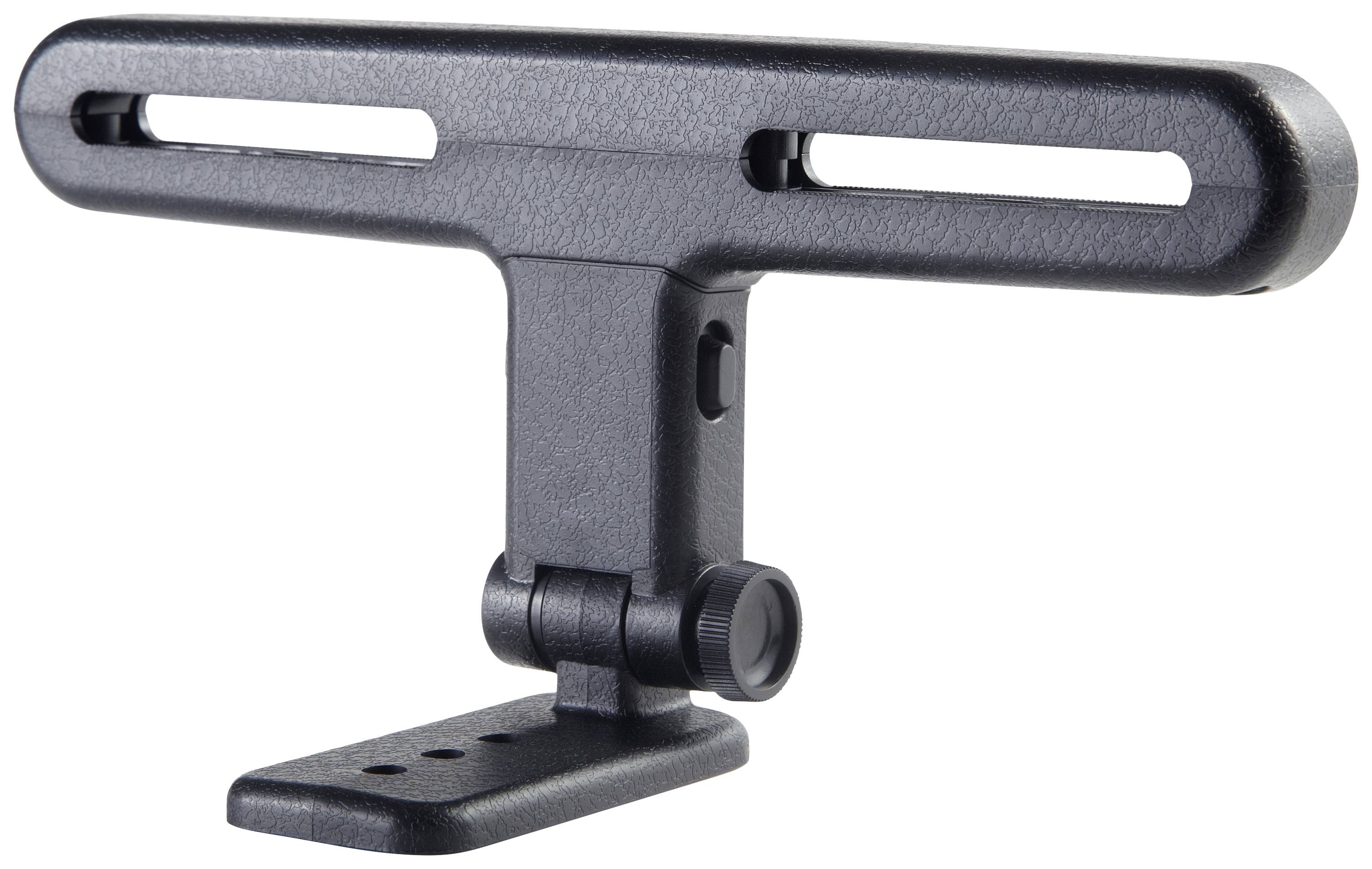 Un support en plastique noir en forme de T, avec une base plate et deux fentes oblongues en haut, adapté pour la fixation sur des surfaces.