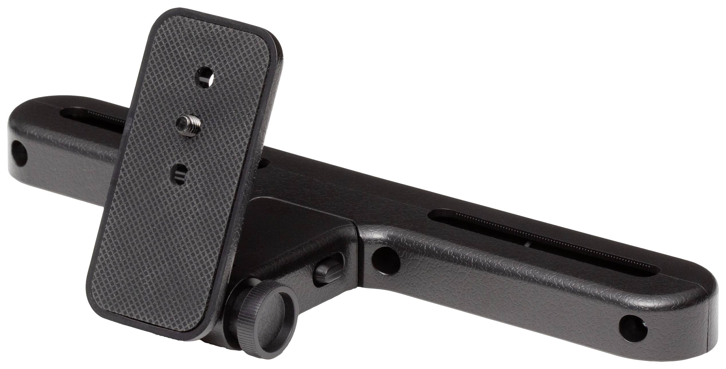 Rail métallique avec plusieurs trous de fixation et fixation vissée réglable, probablement destiné à la fixation d'accessoires de caméra.