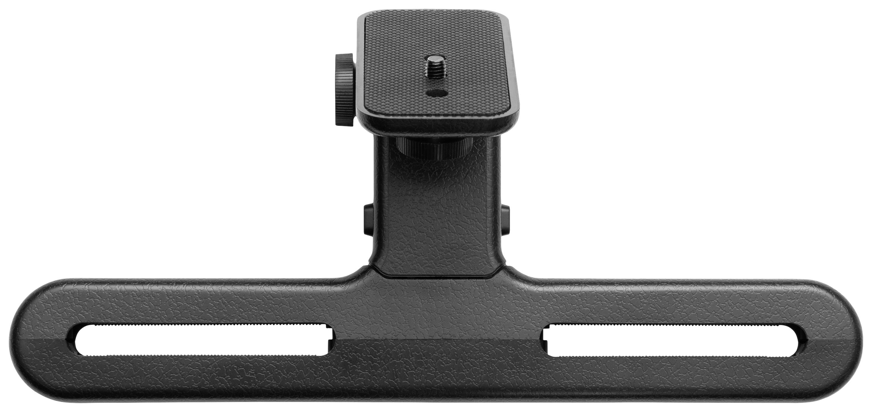 Un support mural noir en aluminium pour un haut-parleur ou une caméra, avec embout réglable et rail de fixation.
