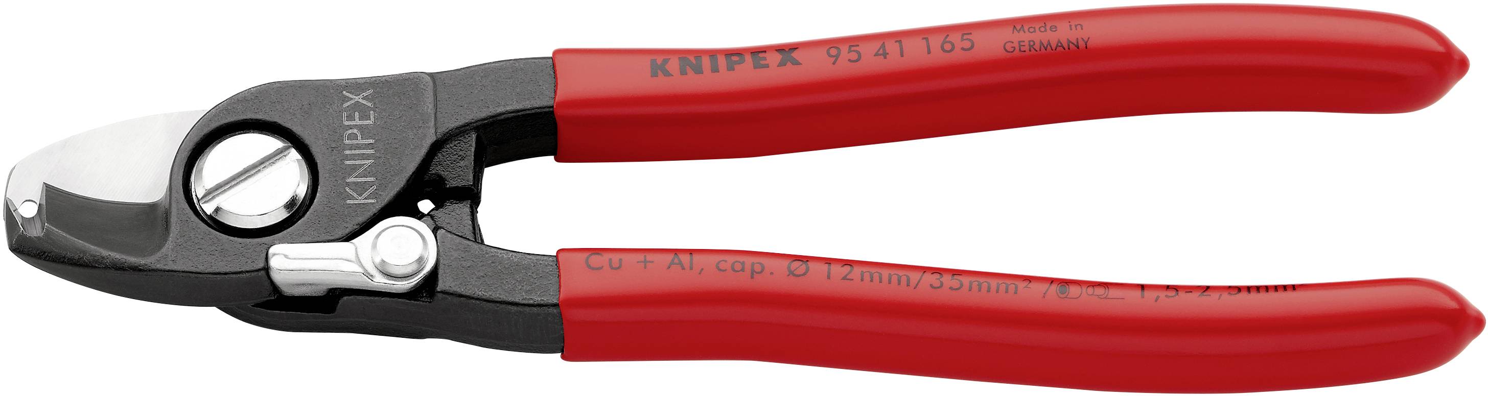 Coupe-câbles Knipex rouge sur fond blanc, adapté pour couper les câbles en cuivre et en aluminium jusqu'à 12 mm de diamètre.