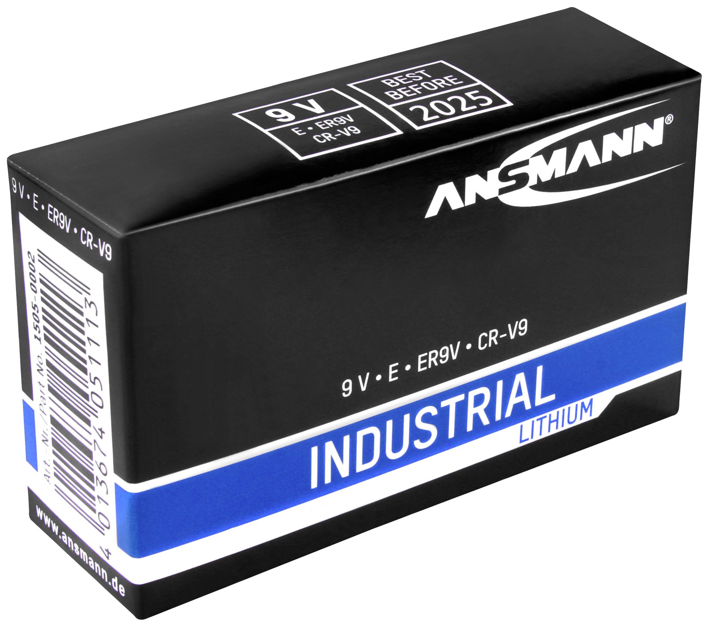Emballage noir d'une pile lithium 9V de la marque Ansmann, avec l'inscription 'Industrial', date d'expiration 2025, numéro de produit sur le côté.