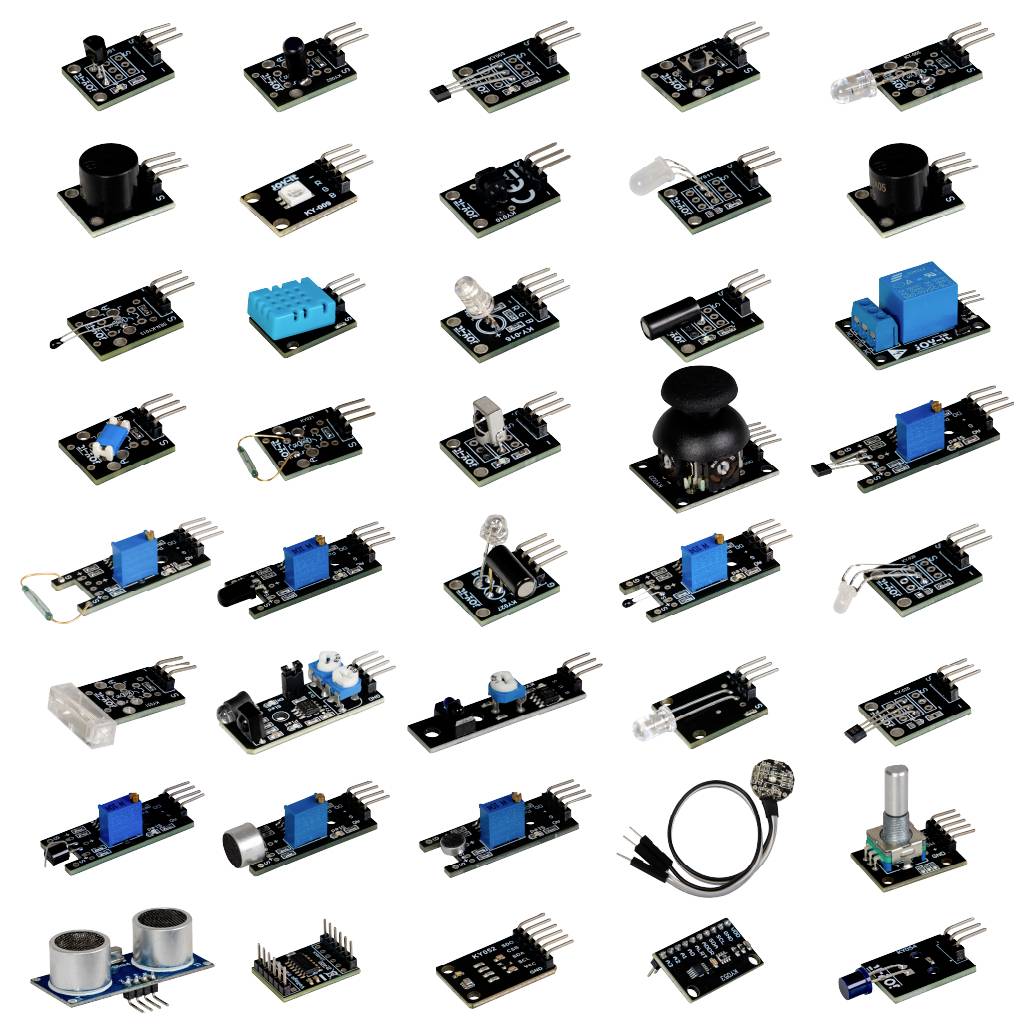 Collage de modules de capteurs électroniques assortis et de cartes de rupture pour Arduino, incluant des capteurs ultrasoniques, lumineux, sonores, joystick, température, relais et LED.