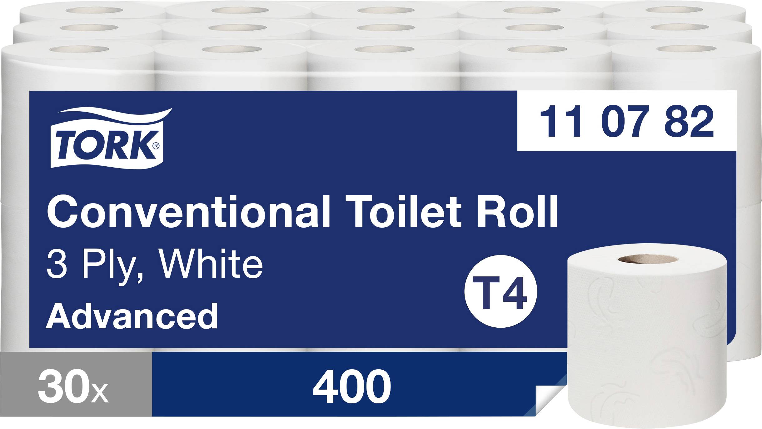 Pack de papier toilette Tork conventional, 3-plis blanc avancé T4, 30 rouleaux x 400 feuilles.
