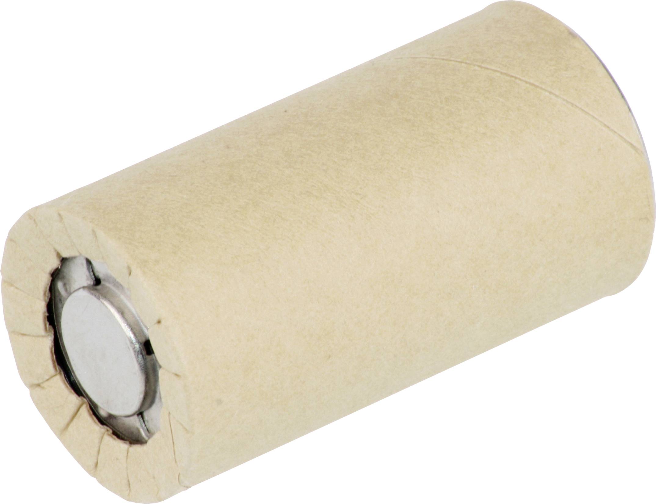Une batterie cylindrique enveloppée dans du papier beige, présentée sur un fond blanc avec une borne métallique visible.