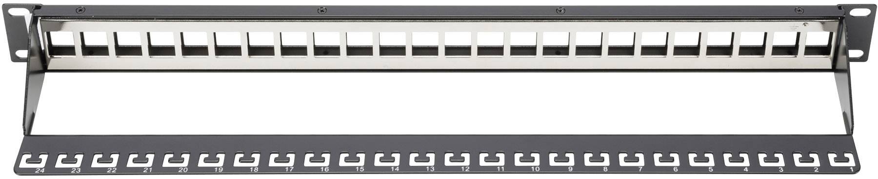 Panneau de brassage vide à 24 ports, prêt à accueillir des connecteurs réseau, destiné à l'organisation et à la gestion des connexions câblées.