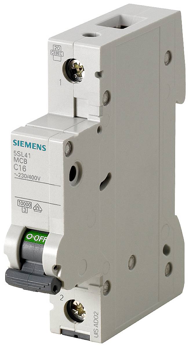 'Disjoncteur Siemens, modèle C16, 230/400V. L'interrupteur dispose d'une position de commutation marche/arrêt.'
