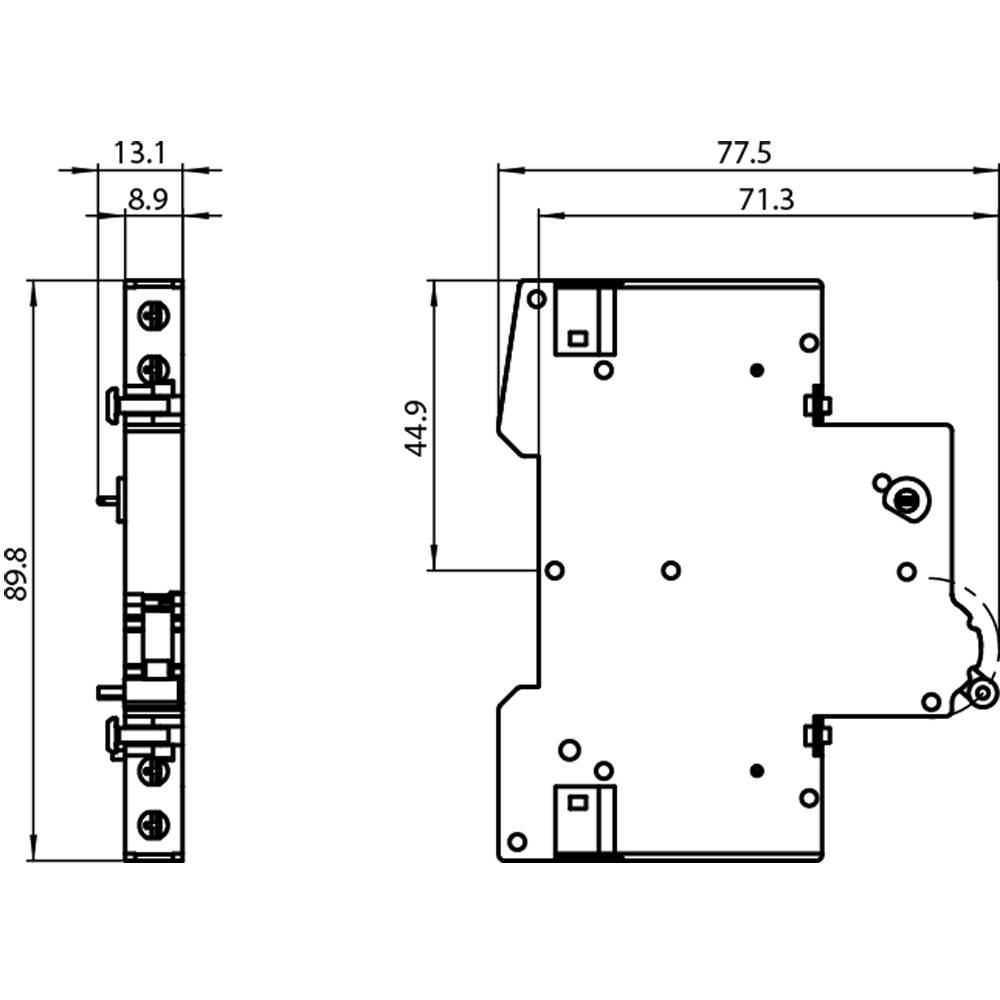 Dessin technique d'un appareil électrique avec dimensions : hauteur 89,8 mm, largeur 77,5 mm, profondeur 13,1 mm. Détails du boîtier visibles.