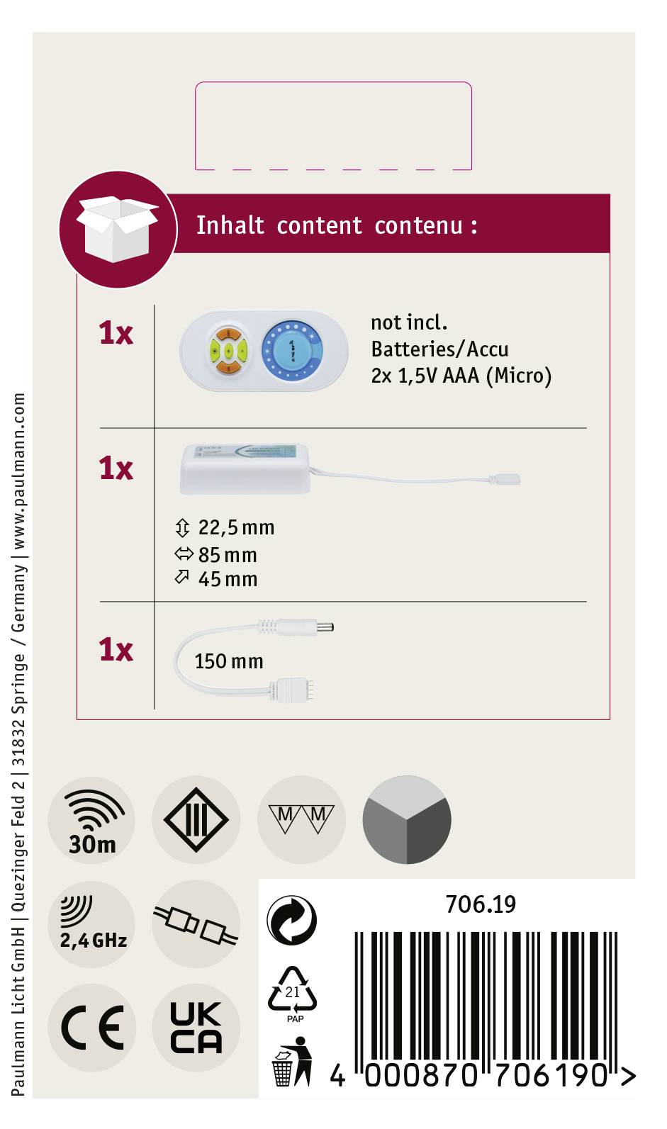 'Dos de l'emballage avec illustrations de produits : lampe LED, télécommande et câble USB. Piles non incluses.'