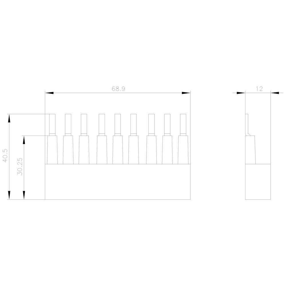Dessin technique d'un connecteur. Comprend les dimensions de 68,9 mm de largeur, 40,5 mm de hauteur et 12 mm de profondeur, avec 9 broches.
