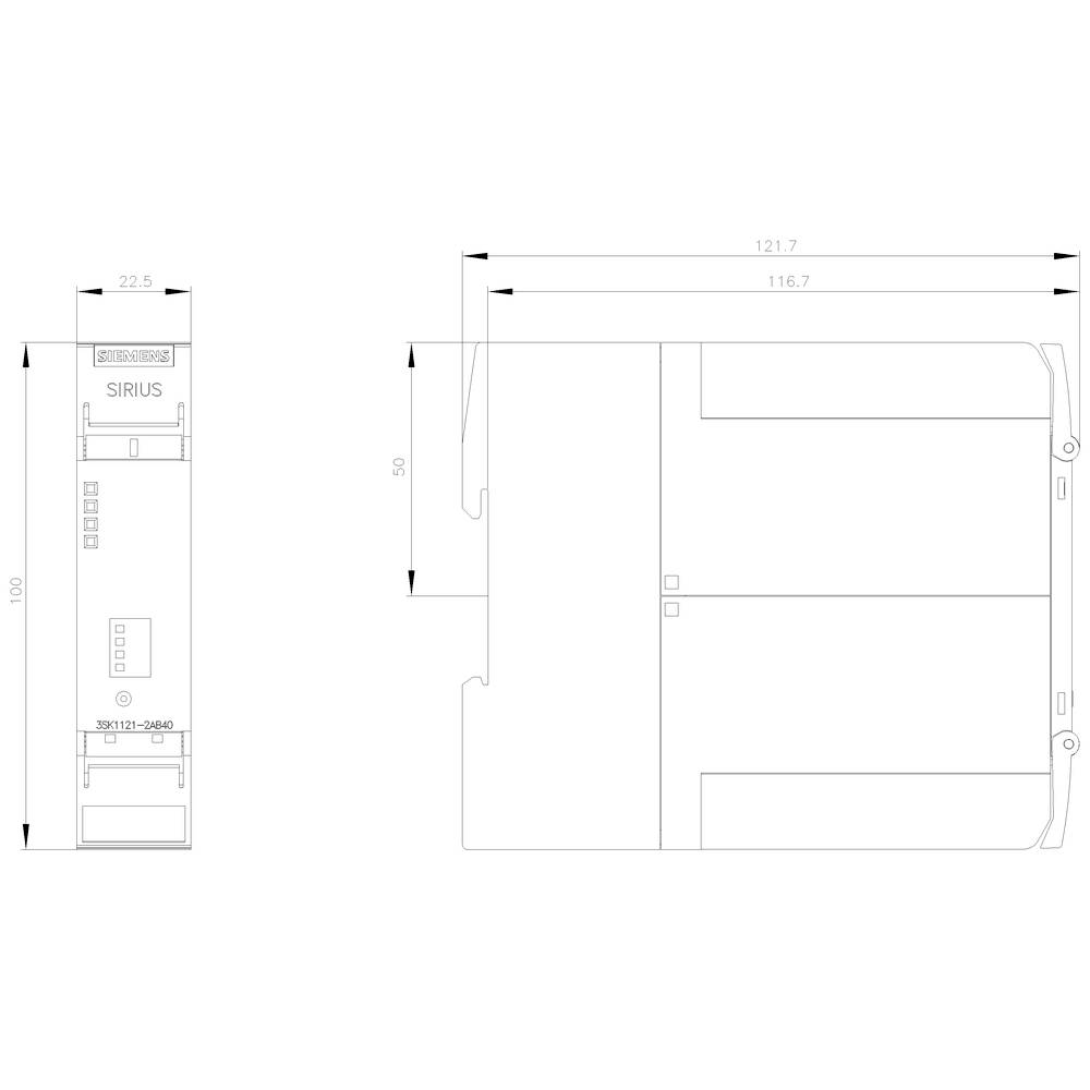 Dessin technique d'un dispositif rectangulaire avec les dimensions suivantes : largeur 121,7 mm, profondeur 116,7 mm, hauteur 100 mm. Étiqueté 'SIRIUS'.